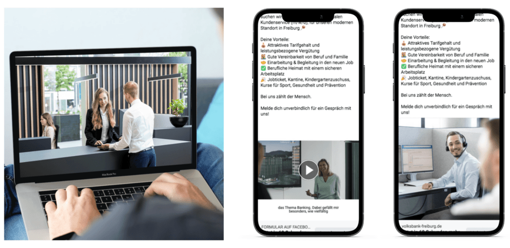 Für die Volksbank Freiburg konnten wir in der ersten von insgesamt vier Videomarketing Kampagnen etliche neue Mitarbeitende gewinnen. Das Recruiting Video war dabei nur ein Baustein. Hier war die Investition also der “ROI” besonders gut. Geschaltet wurden wie Recruiting Kampagne auf Meta (Instagram und Facebook).